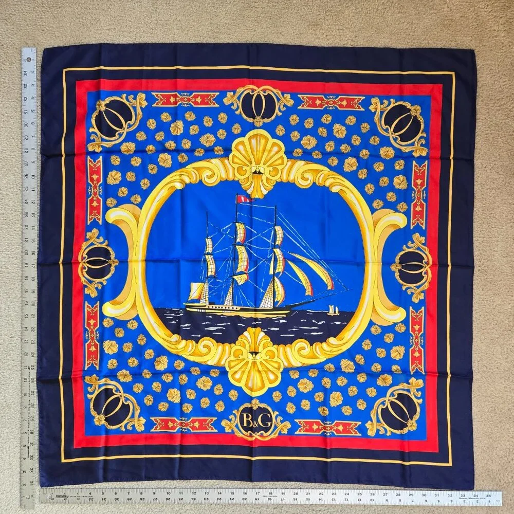 Nautical Silk Scarf Square Ocean Ship Scarf Andre Claude Canova Hand-Rolled